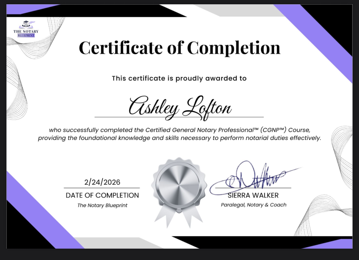 Certified General Notary Professional (CGNP) certificate of completion awarded to Ashley Lofton
