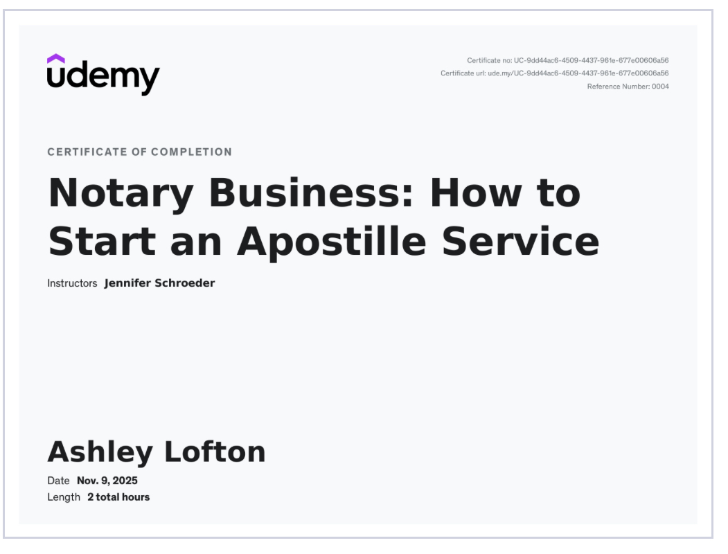 Udemy certificate of completion: Notary Business, How to Start an Apostille Service
